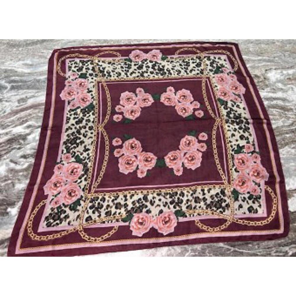🌹 Jessica Simpson Square Scarf – Roses • Gold Chains • Leopard – VGUC